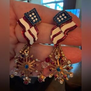 Lunch at the Ritz Patriotic Earrings 24K Gold Plated USA Flag Sparkle Dangle